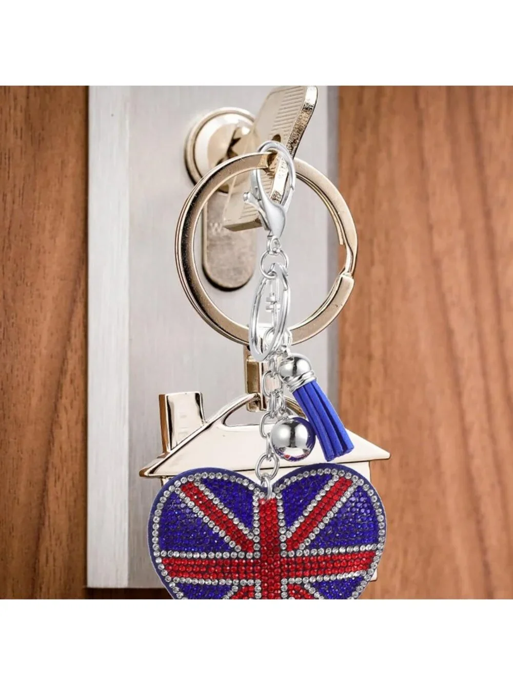 Heart-Shaped Union Jack Rhinestone Keychain Set of 2 | British Flag Bag Charm
